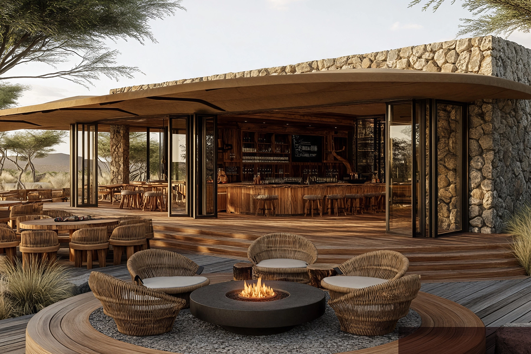 Architectural render of the outdoor bar and fire pit terrace at The Bomas by Amani Collection Lobo Serengeti, featuring woven rattan lounge chairs around a circular fire pit, a timber deck, and a stone and wood open-air bar overlooking the savanna