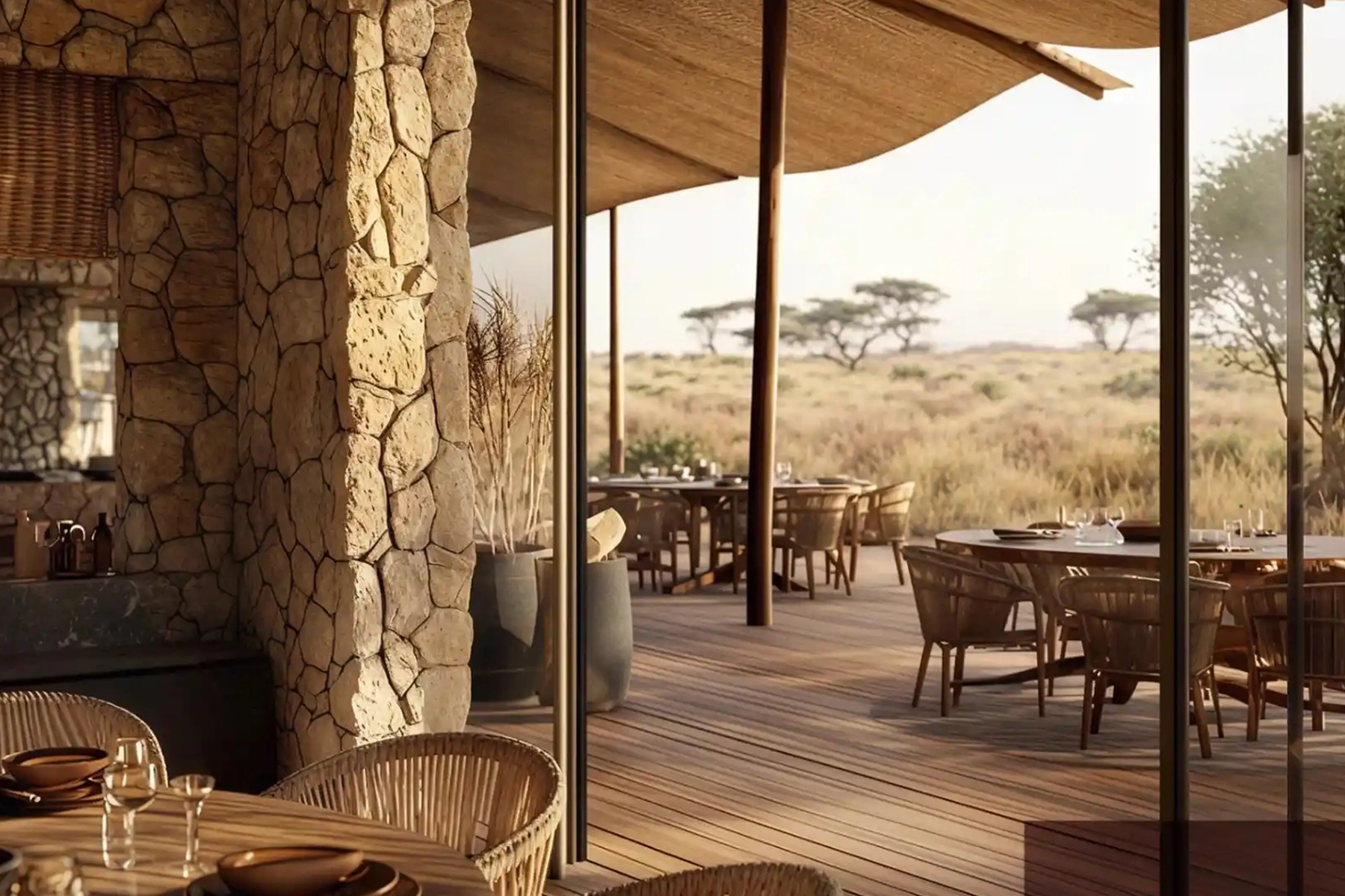 Architectural render of the open-air restaurant at The Bomas by Amani Collection in Lobo Serengeti, featuring stone walls, woven rattan dining chairs, a timber deck, and panoramic views over the savanna plains