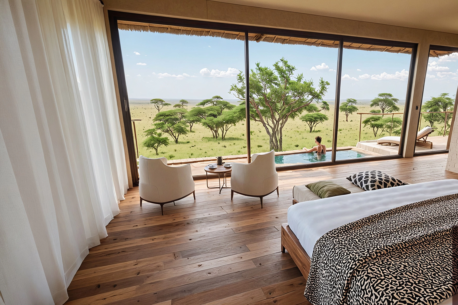 Architectural render of a luxury villa bedroom at The Bomas by Amani Collection Lobo Serengeti, with floor-to-ceiling glass walls, animal-print bedding, a private plunge pool, and sweeping views across the Serengeti plains
