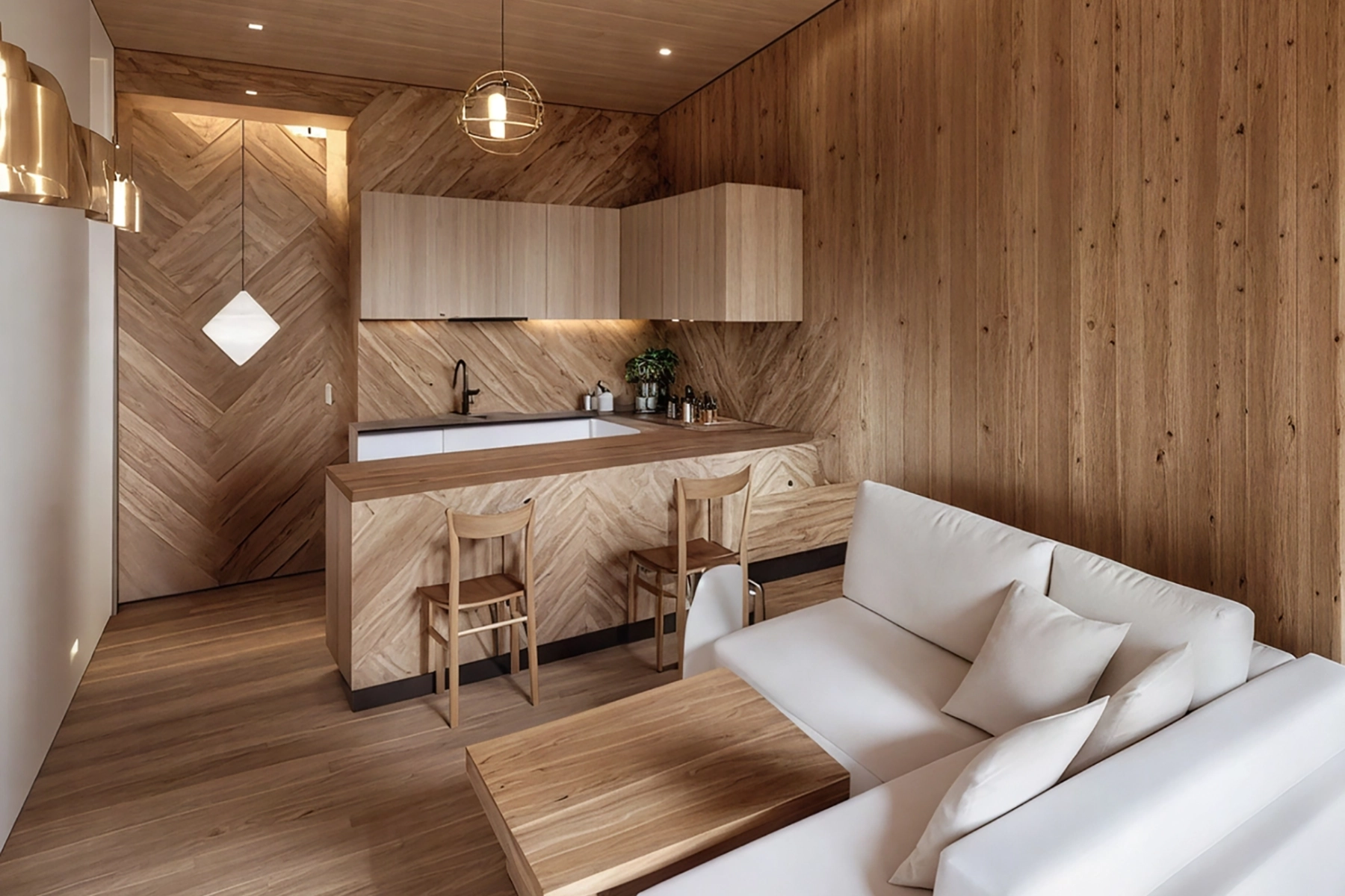 Architectural render of a luxury villa interior at The Bomas by Amani Collection Lobo Serengeti, showcasing herringbone timber wall panelling, an open-plan kitchenette with bar stools, white sofa, and warm pendant lighting